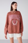 Ramona Kadın Oversize Yumuşacık İçi Polarlı Organik Pamuklu Baskılı Yuvarlak Yakalı Kiremit Rengi Sweatshirt