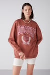 Ramona Kadın Oversize Yumuşacık İçi Polarlı Organik Pamuklu Baskılı Yuvarlak Yakalı Kiremit Rengi Sweatshirt