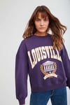 Ramona Kadın Oversize Yumuşacık İçi Polarlı Organik Pamuklu Baskılı Yuvarlak Yakalı Mor Sweatshirt
