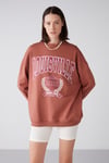 Ramona Kadın Oversize Yumuşacık İçi Polarlı Organik Pamuklu Baskılı Yuvarlak Yakalı Kiremit Rengi Sweatshirt