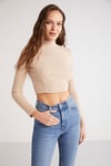 SABRINA Örme Dar Bej Tekli Bluz