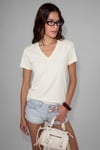 SHEANE Kadın %100 Organik Pamuk Derin V Yakalı Comfort Fit Ekru T-Shirt