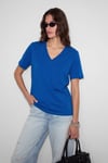 SHEANE Kadın %100 Organik Pamuk Derin V Yakalı Comfort Fit Parlament Mavi T-Shirt