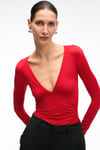 TEVRINE Kadın Kruvaze Yakalı Esnek Kumaşlı Uzun Kollu Çıtçıt Kapamalı Slim Fit Kırmızı Bluz