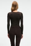 TEVRINE Kadın Kruvaze Yakalı Esnek Kumaşlı Uzun Kollu Çıtçıt Kapamalı Slim Fit Koyu Kahverengi Bluz