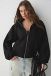 VALIT Kadın Çift Cepli Eteği Ve Kol Ucu Lastikli Fermuarlı Oversize Siyah Sweatshirt
