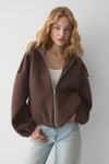 VALIT Kadın Çift Cepli Eteği Ve Kol Ucu Lastikli Fermuarlı Oversize Kahverengi Sweatshirt
