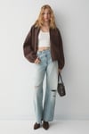 VALIT Kadın Çift Cepli Eteği Ve Kol Ucu Lastikli Fermuarlı Oversize Kahverengi Sweatshirt