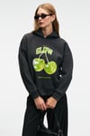 YANMESA Kadın Oversize Baskı Ve Nakış Detaylı Uzun Kollu Kapüşonlu Koyu Antrasit Sweatshirt
