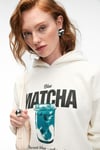 YANMESA Kadın Oversize Baskı Ve Nakış Detaylı Uzun Kollu Kapüşonlu Beyaz Sweatshirt