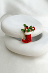 Yılbaşı Özel Yeşil Yıldız Detay Kırmızı Taşlı Noel Çorap Broş (4cm)