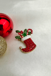 Yılbaşı Özel Yeşil Yıldız Detay Kırmızı Taşlı Noel Çorap Broş (4cm)