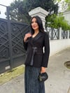 pileli etekli ceket takım siyah 