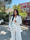 puantiyeli dantelli ceket takım beyaz 
