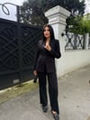 yaka dantelli keten takım siyah