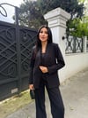 yaka dantelli keten takım siyah