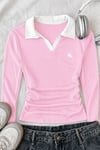  Pembe Polo Yaka Nakışlı Büzgülü Bluz
