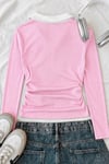  Pembe Polo Yaka Nakışlı Büzgülü Bluz