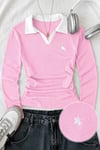  Pembe Polo Yaka Nakışlı Büzgülü Bluz