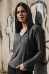 Antrasit Henley Yaka Y2K Kapüşonlu Uzun Kollu Crop