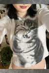 Beyaz Baby Cat Gotik Y2K Uzun Kollu Crop