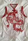 Beyaz Ejderha Motifli Kırmızı Şeritli Qipao Y2K Kısa Kollu Crop