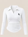 Beyaz Polo Yaka Fitilli Premium Uzun Kollu Bluz