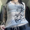 Beyaz Transparan Gothic Skulls Cyber Grunge Full Body Kısa Kollu Crop