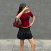Bordo Black Widow Omuzu Açık Spider Kısa Kollu Crop