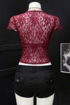 Bordo Dantelli Bağlamalı Bolero Y2K Kısa Kollu Crop