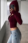 Bordo Rolly Fermuarlı Bağcıklı Kapşonlu Hırka 