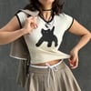 Ekru Black Cat Kısa Kollu Crop