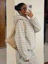 Ekru Çizgili Hood 3 İplik Dijital Sweatshirt