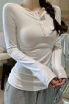 Ekru Düğmeli Yarım Yaka Y2K Uzun Kollu Crop