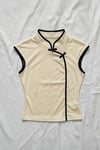 Ekru Mandarin Yaka Siyah Şeritli Qipao Y2K Kısa Kollu Crop