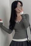 Füme Dantelli Fiyonklu Ekli Y2K Uzun Kollu Crop