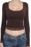 Kahverengi Basic Dantel Detaylı Uzun Kollu Crop