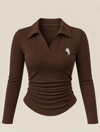 Kahverengi Polo Yaka Fitilli Premium Uzun Kollu Bluz
