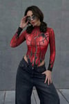 Kırrmızı Spider Flame Baskılı Cosplay Y2K Uzun Kollu Çıtçıtlı Body