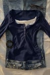 Lacivert Henley Yaka Ekli Grunge Y2K Uzun Kollu Crop