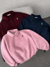 Lacivert Polo Yaka Nakış Detaylı Basic Oversize Unisex Sweatshirt