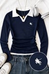 Lacivert Polo Yaka Nakışlı Büzgülü Bluz