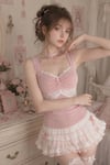 Pembe Dantel Detaylı Fiyonklu Vintage Y2K Askılı Crop
