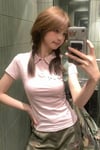 Pembe Ekose Polo Yaka Hello Kitty Y2K Kısa Kollu Crop