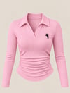 Pembe Polo Yaka Fitilli Premium Uzun Kollu Bluz