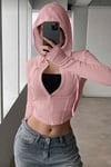 Pembe Rolly Fermuarlı Bağcıklı Kapşonlu Hırka 
