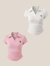 Pembe ve Beyaz  Polo Yaka Fitilli Premium Bluz