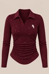 Simli Bordo Polo Yaka Fitilli Premium Uzun Kollu Bluz