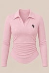 Simli Pembe Polo Yaka Fitilli Premium Uzun Kollu Bluz
