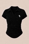 Simli Siyah Polo Yaka Fitilli Premium Bluz